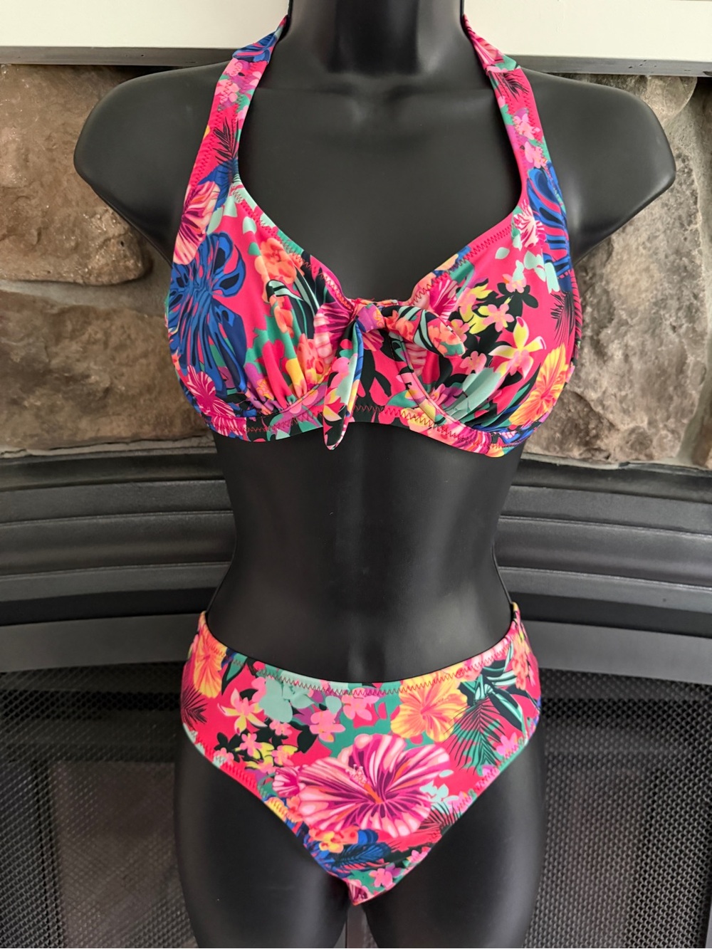 Floral Halter Bikini Set in Hot Pink